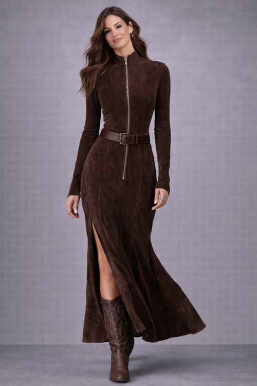 Almudena | Vestido largo marrón con cinturón