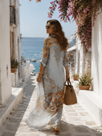 Bianca | Vestido Maxi Azul de Gasa con Estampado Floral Estilo Barroco