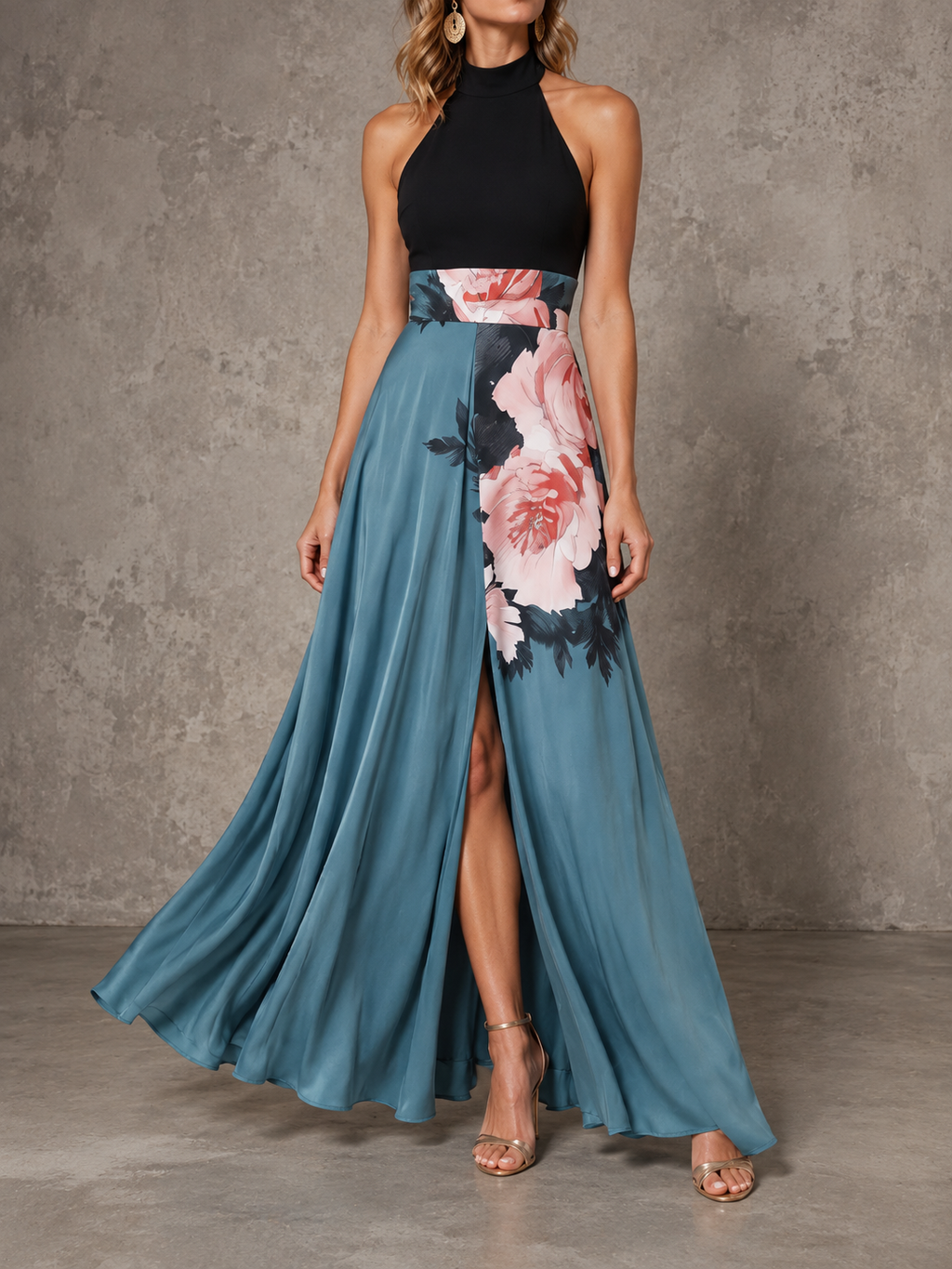 Olimpia | Vestido Maxi Halter con Falda Floral