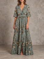 Eva | Vestido Maxi Floral de Malla con Manga Corta