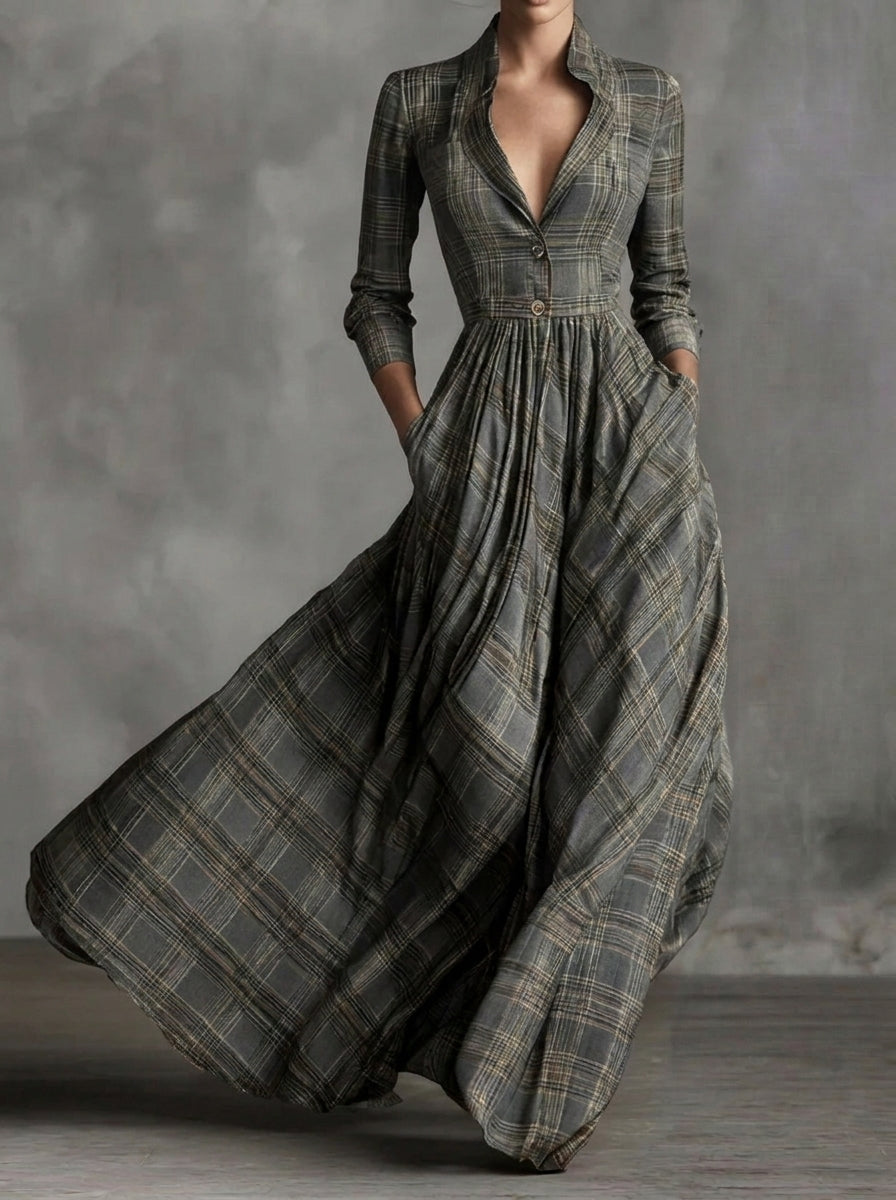 Ariadna | Vestido maxi de lino tartán con falda evasé