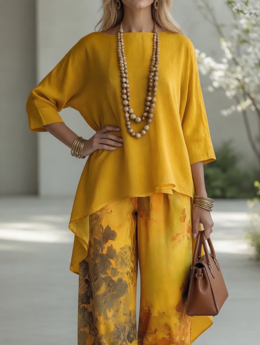 Lucila | Conjunto vintage de túnica asimétrica y pantalón ancho estampado