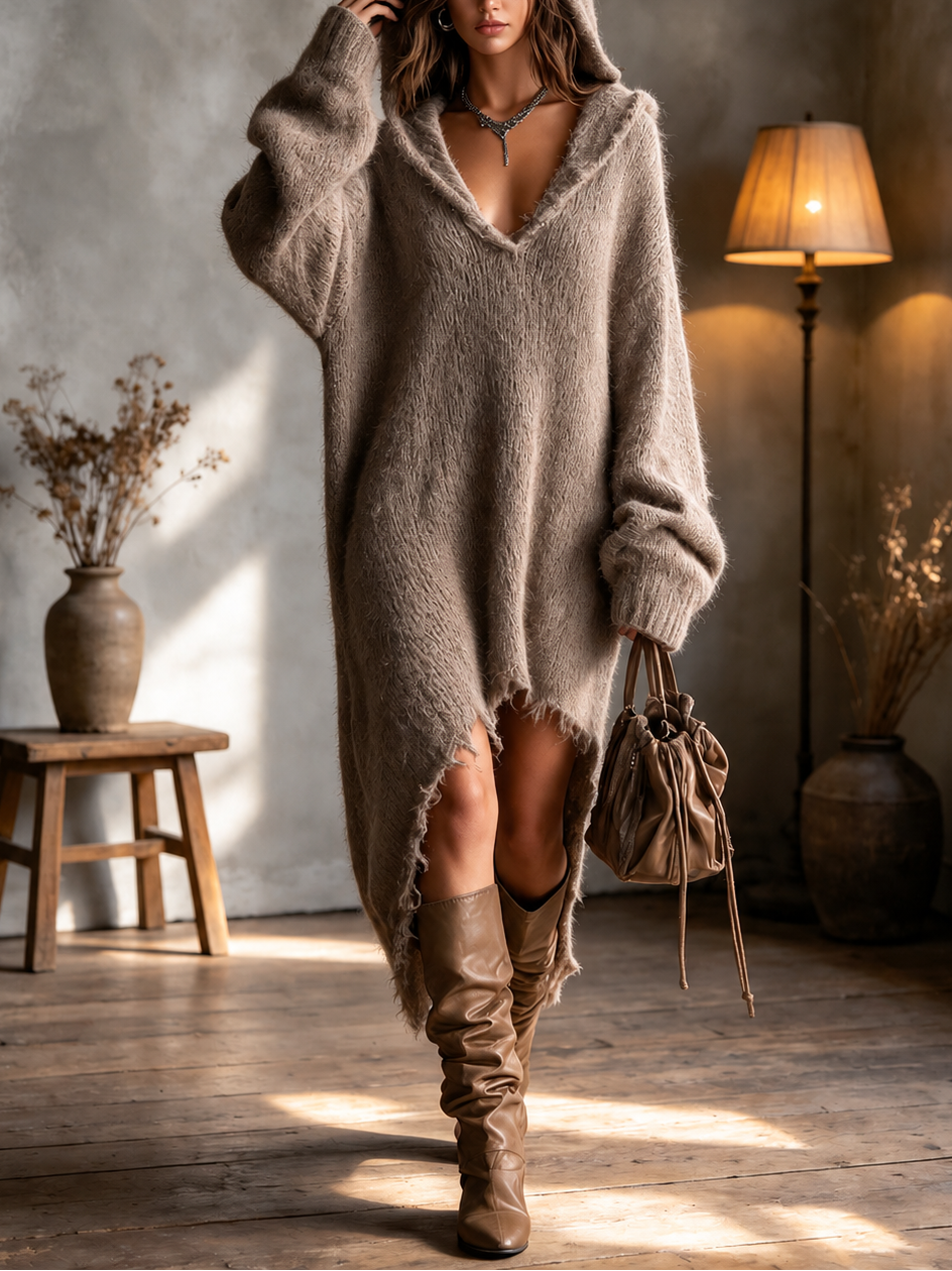 Nerea | Vestido Midi de Punto con Capucha