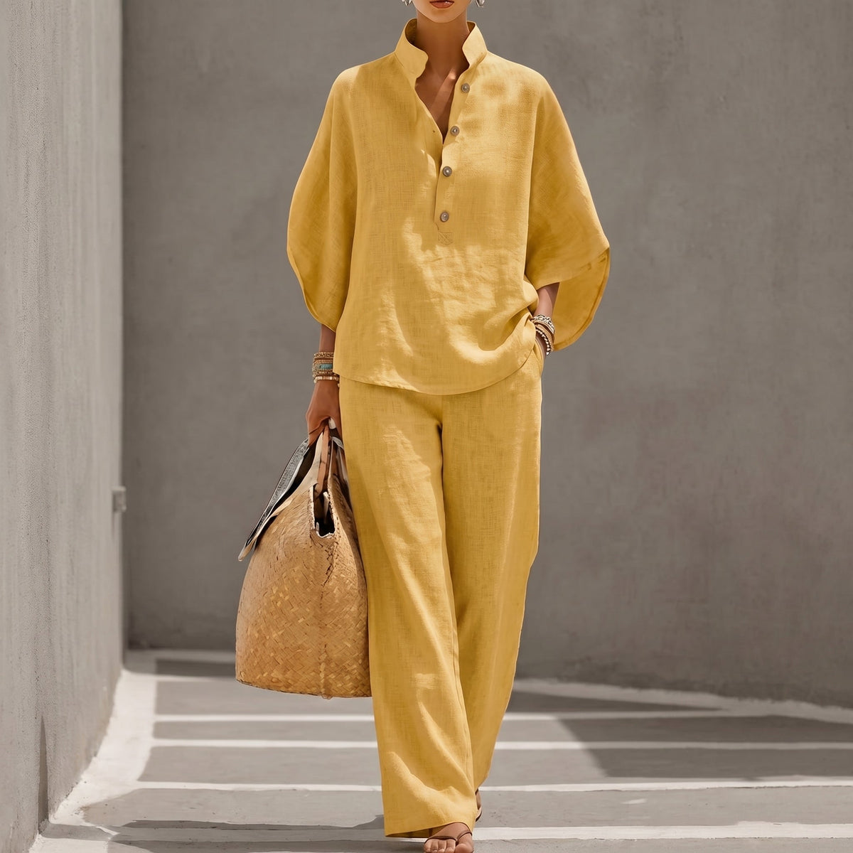 Maribel™ | Conjunto de lino con mangas murciélago y pantalón ancho