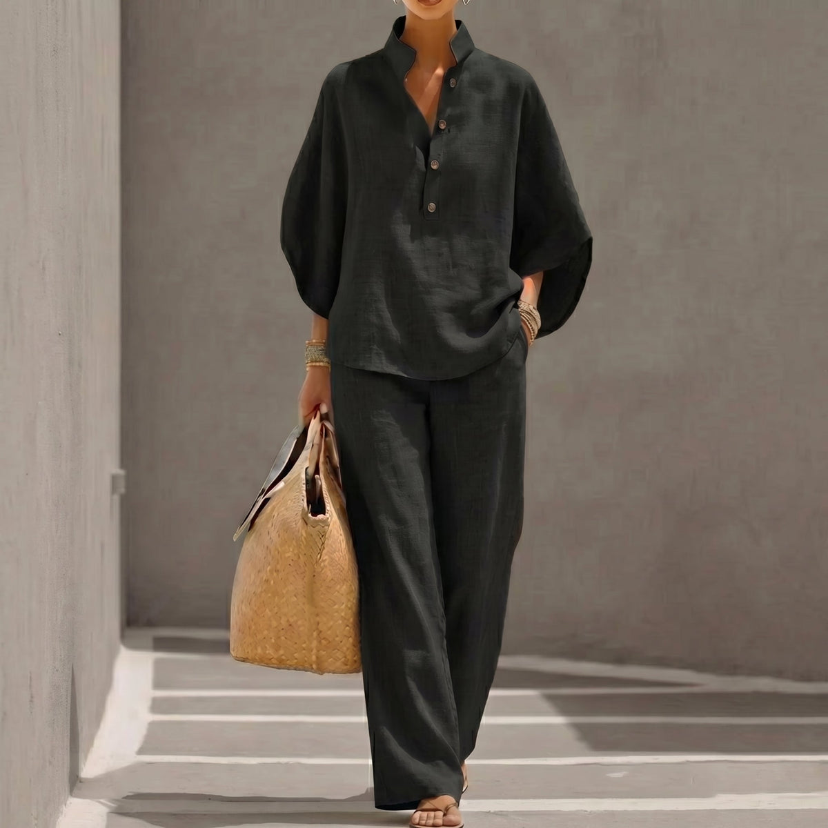 Maribel™ | Conjunto de lino con mangas murciélago y pantalón ancho