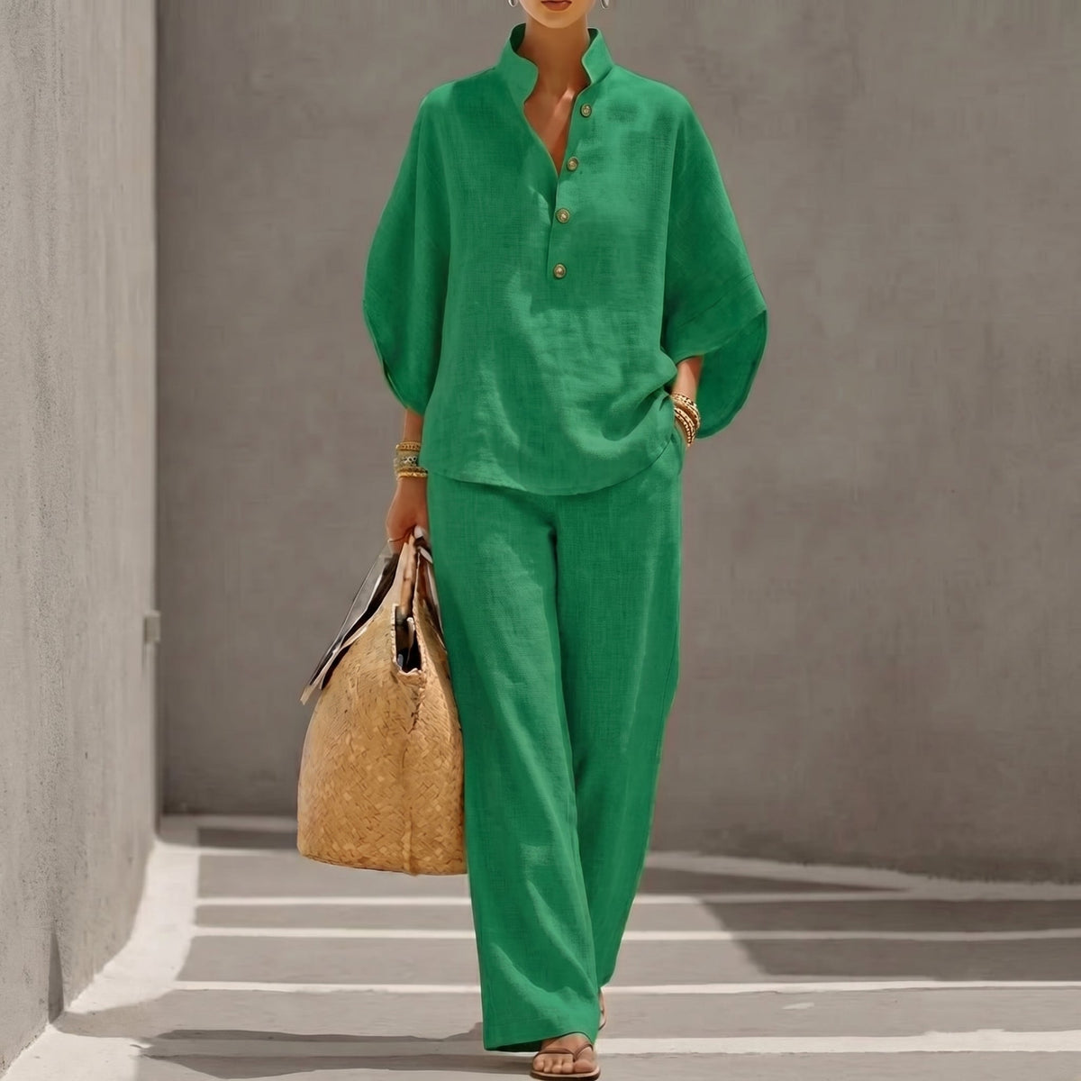 Maribel™ | Conjunto de lino con mangas murciélago y pantalón ancho