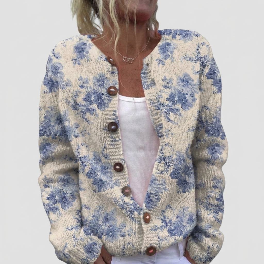 Yolanda | Cárdigan de punto vintage con flores azules