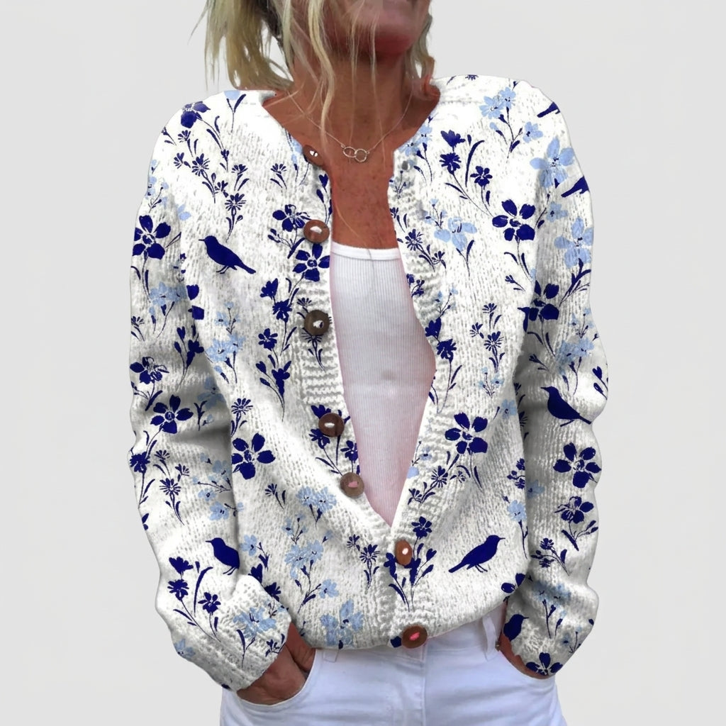 Maite | Cárdigan vintage con estampado de flores y pájaros
