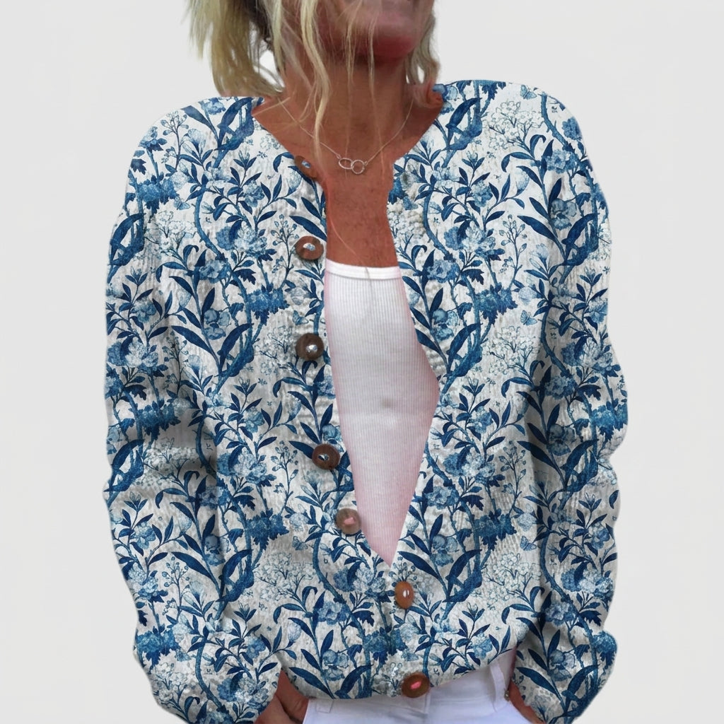 Dolores | Cárdigan floral vintage azul y blanco con botones
