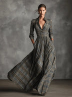 Ariadna | Vestido maxi de lino tartán con falda evasé