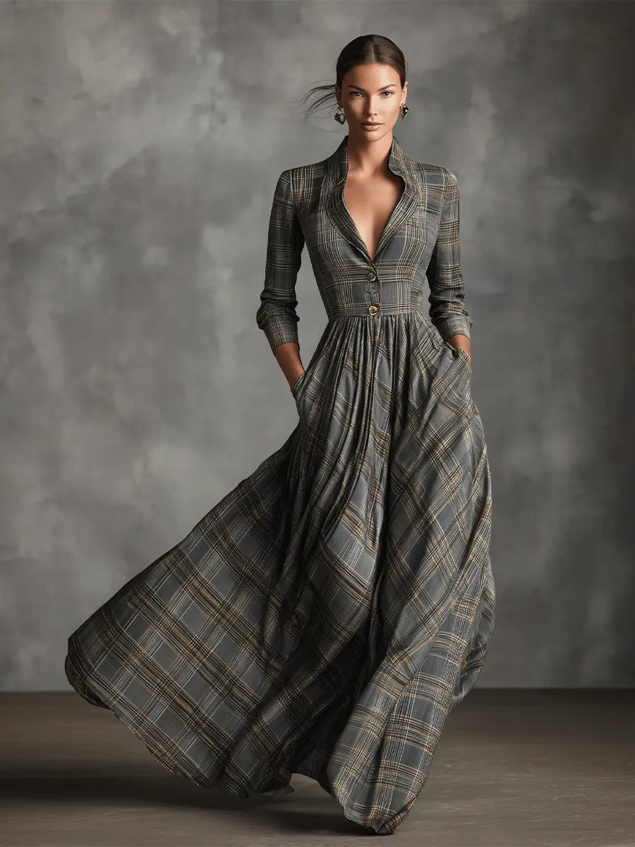 Ariadna | Vestido maxi de lino tartán con falda evasé