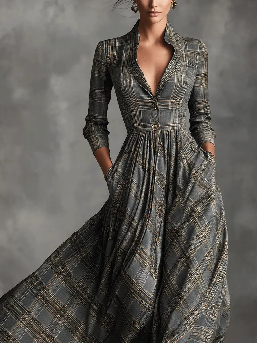 Ariadna | Vestido maxi de lino tartán con falda evasé