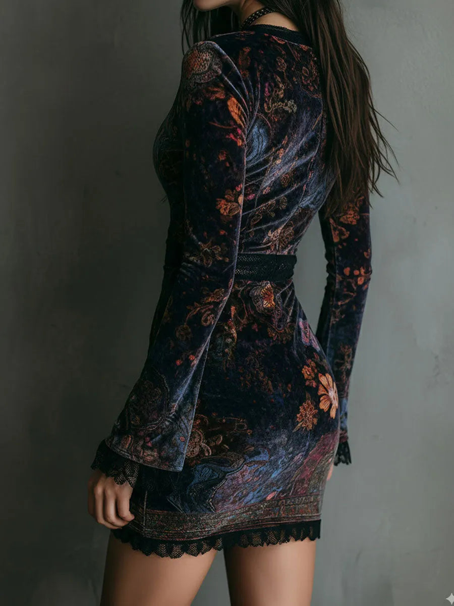 Paloma | Vestido corto de invitada boho floral con manga larga