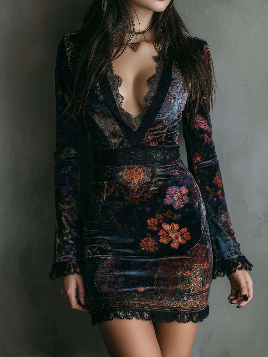 Paloma | Vestido corto de invitada boho floral con manga larga