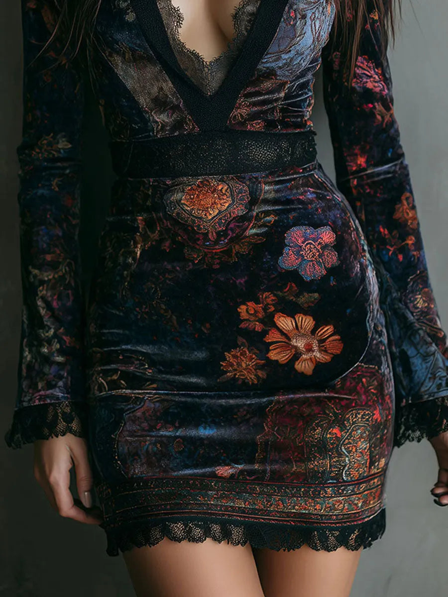 Paloma | Vestido corto de invitada boho floral con manga larga