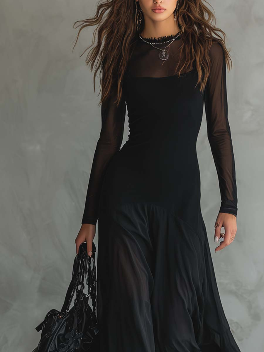 Nerea™ | Vestido largo de tul negro con ajuste completo