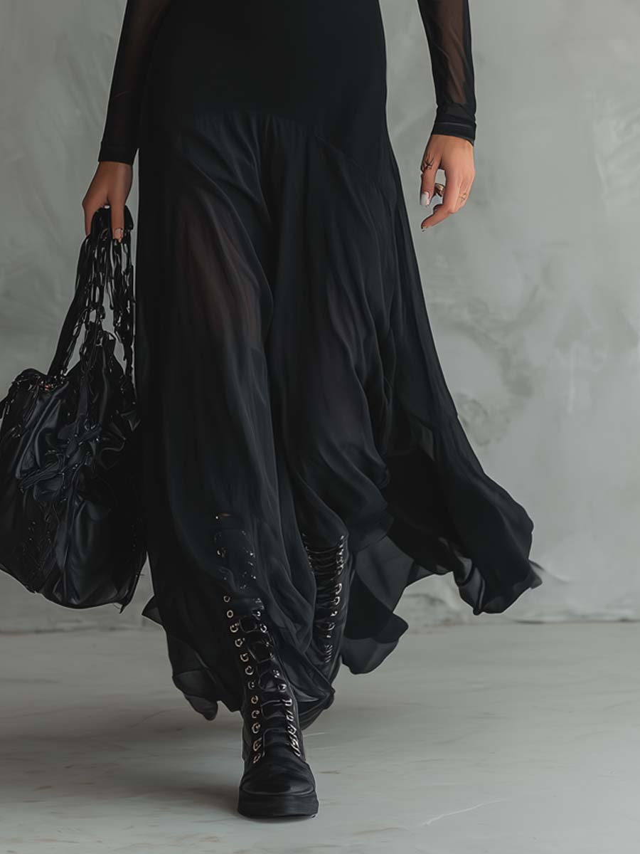 Nerea™ | Vestido largo de tul negro con ajuste completo