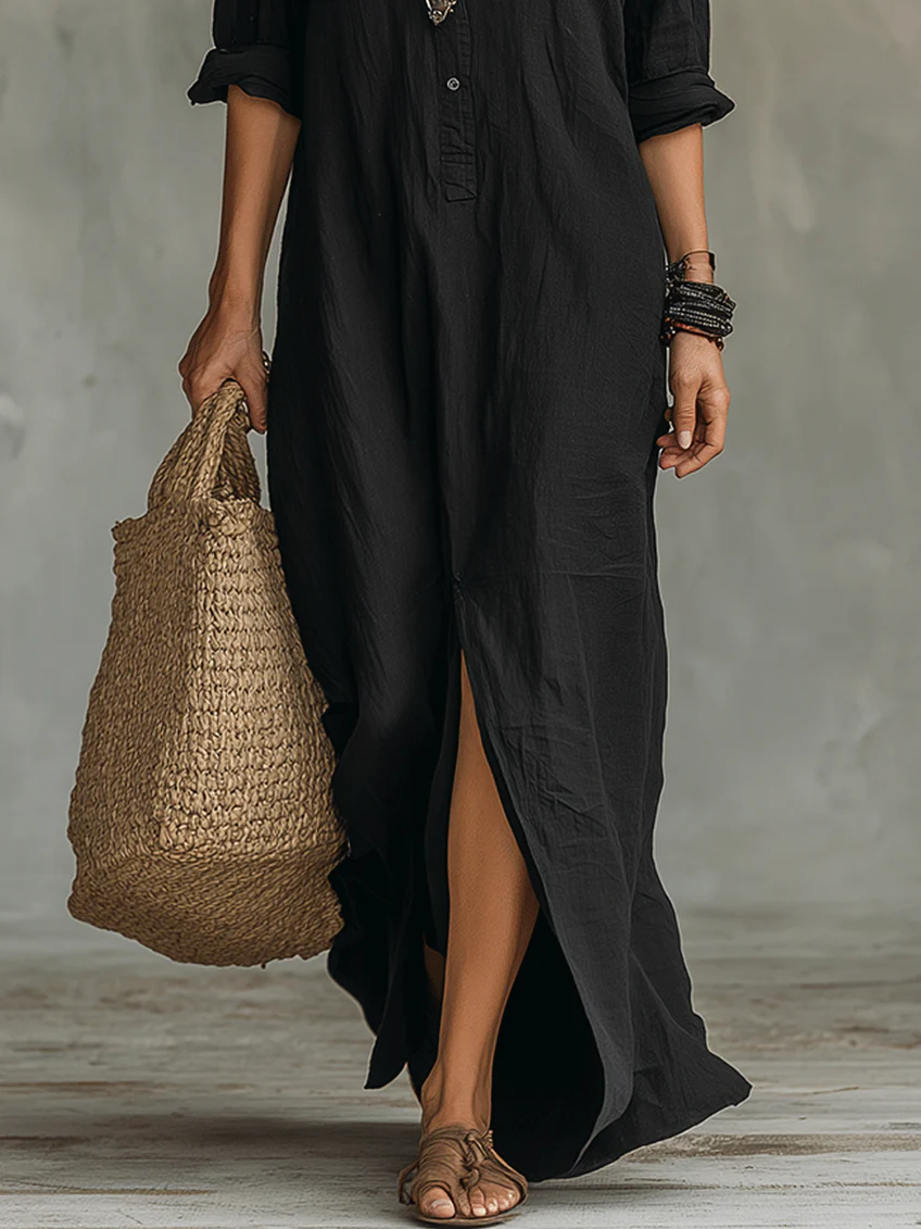 Soline | Vestido Maxi Negro Holgado con Botones