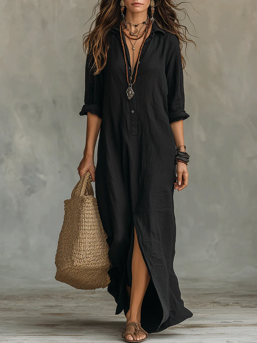 Soline | Vestido Maxi Negro Holgado con Botones