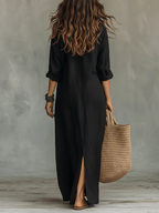 Soline | Vestido Maxi Negro Holgado con Botones
