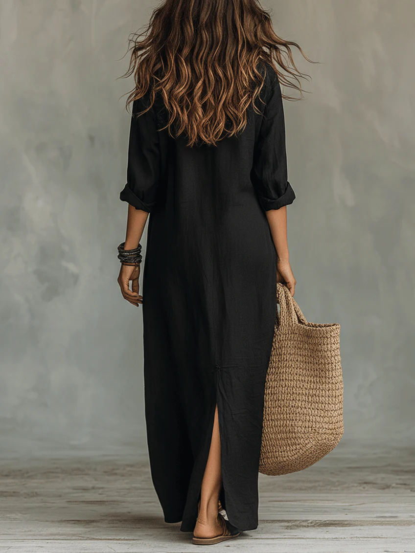 Soline | Vestido Maxi Negro Holgado con Botones