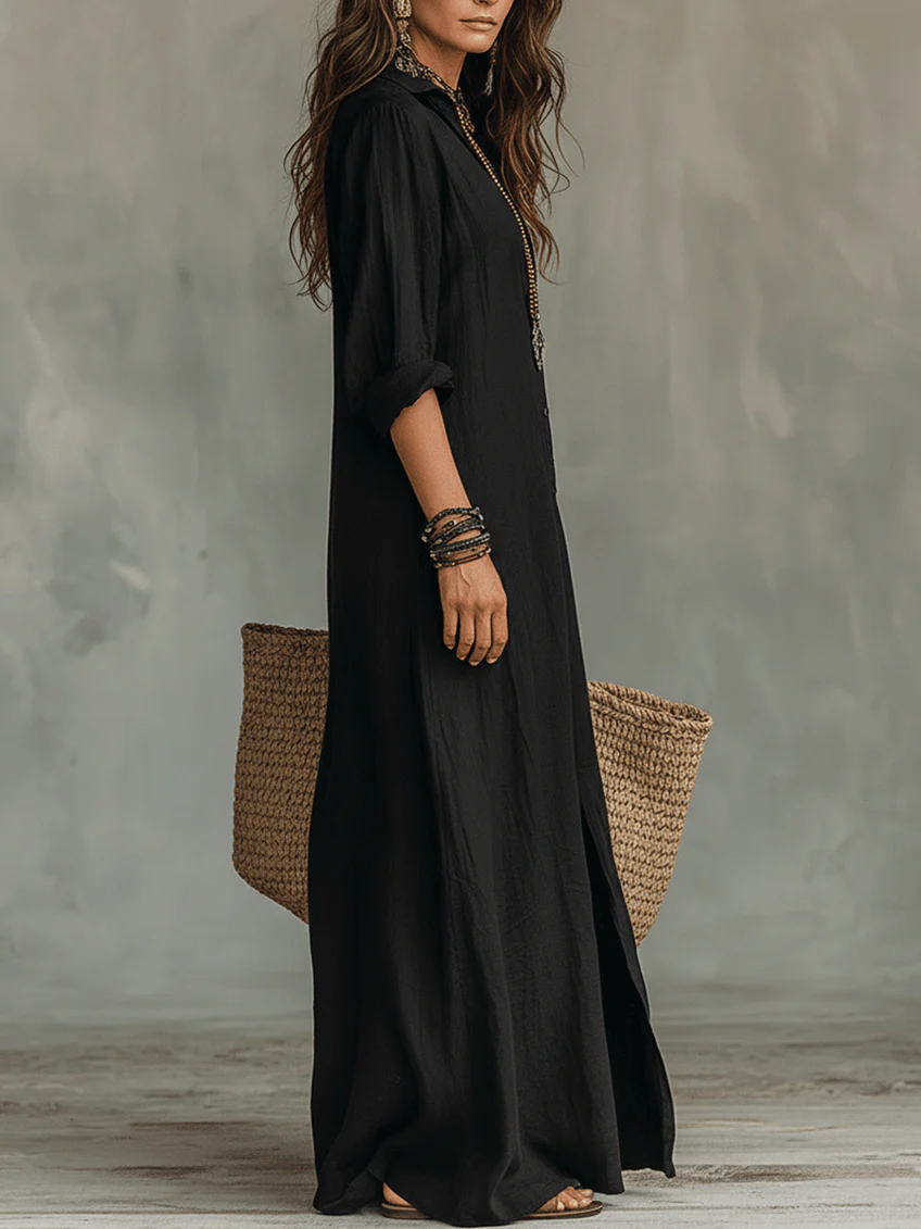 Soline | Vestido Maxi Negro Holgado con Botones