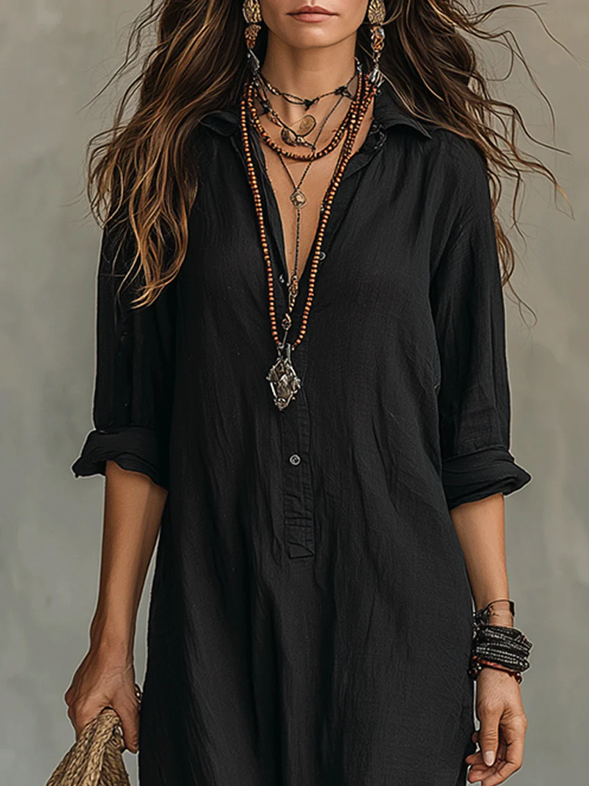 Soline | Vestido Maxi Negro Holgado con Botones