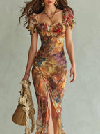 Lara | Vestido Maxi Bohemio Naranja con Estampado Óleo