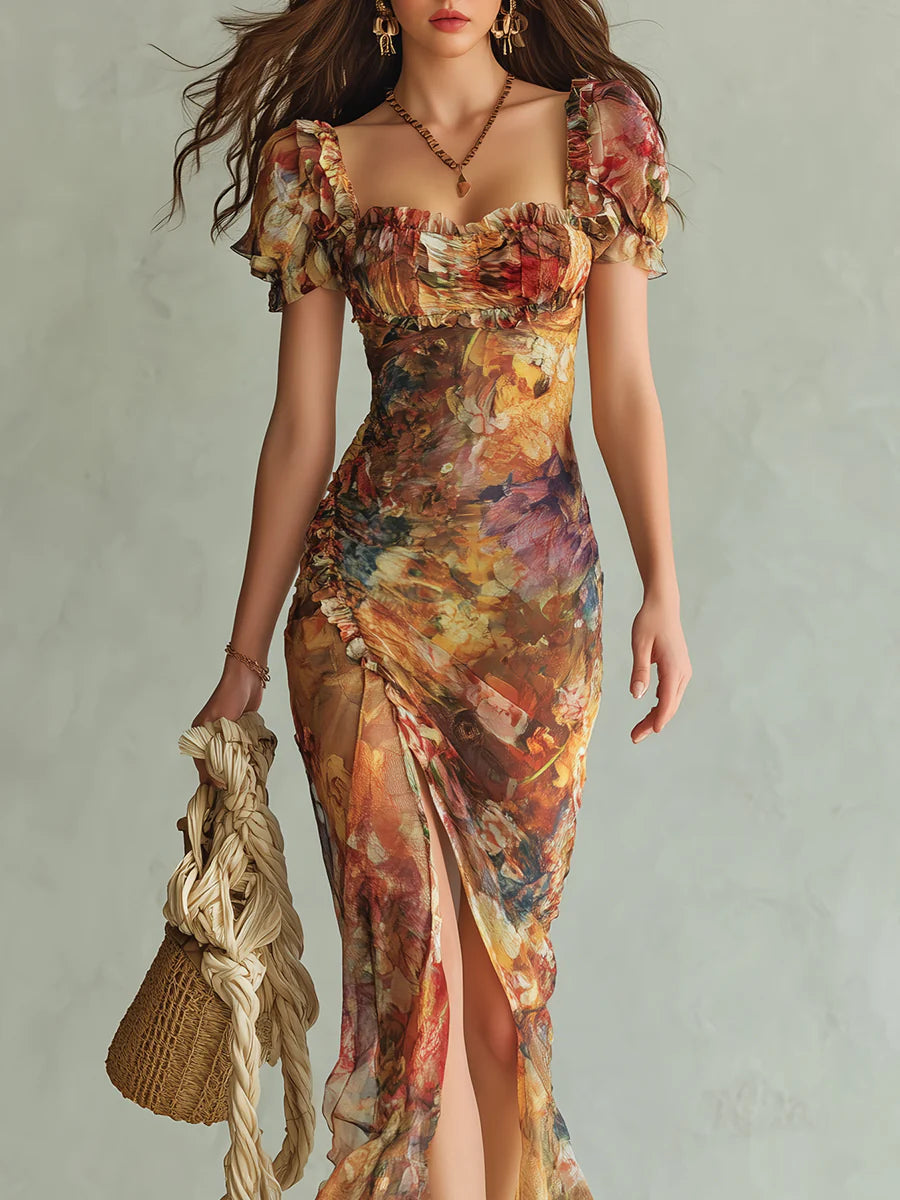 Lara | Vestido Maxi Bohemio Naranja con Estampado Óleo