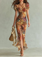 Lara | Vestido Maxi Bohemio Naranja con Estampado Óleo