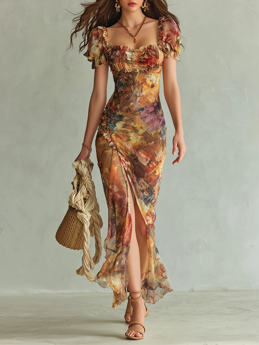 Lara | Vestido Maxi Bohemio Naranja con Estampado Óleo