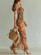 Lara | Vestido Maxi Bohemio Naranja con Estampado Óleo