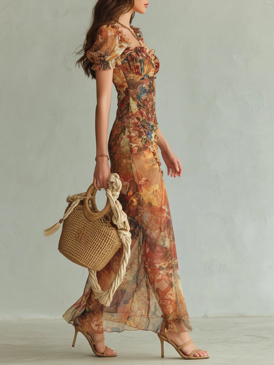 Lara | Vestido Maxi Bohemio Naranja con Estampado Óleo