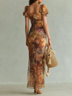 Lara | Vestido Maxi Bohemio Naranja con Estampado Óleo