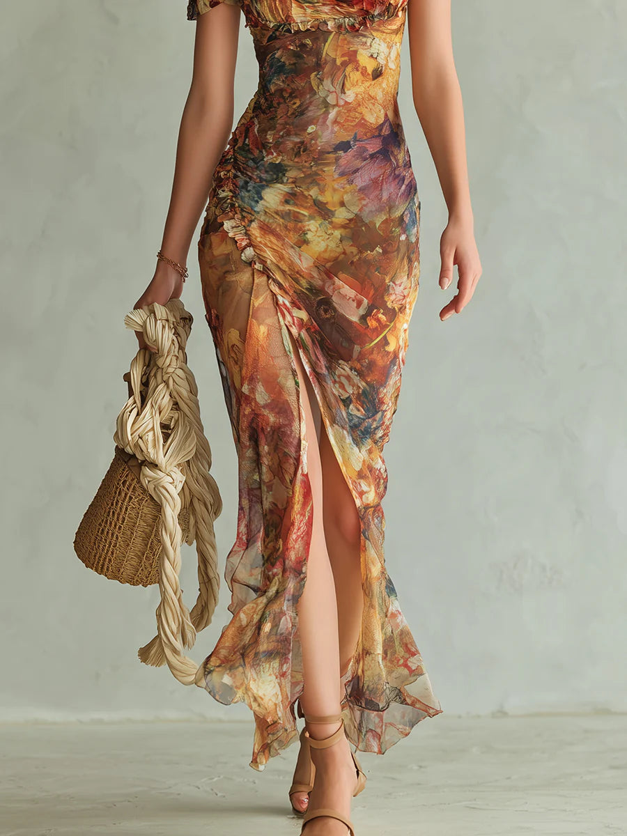 Lara | Vestido Maxi Bohemio Naranja con Estampado Óleo