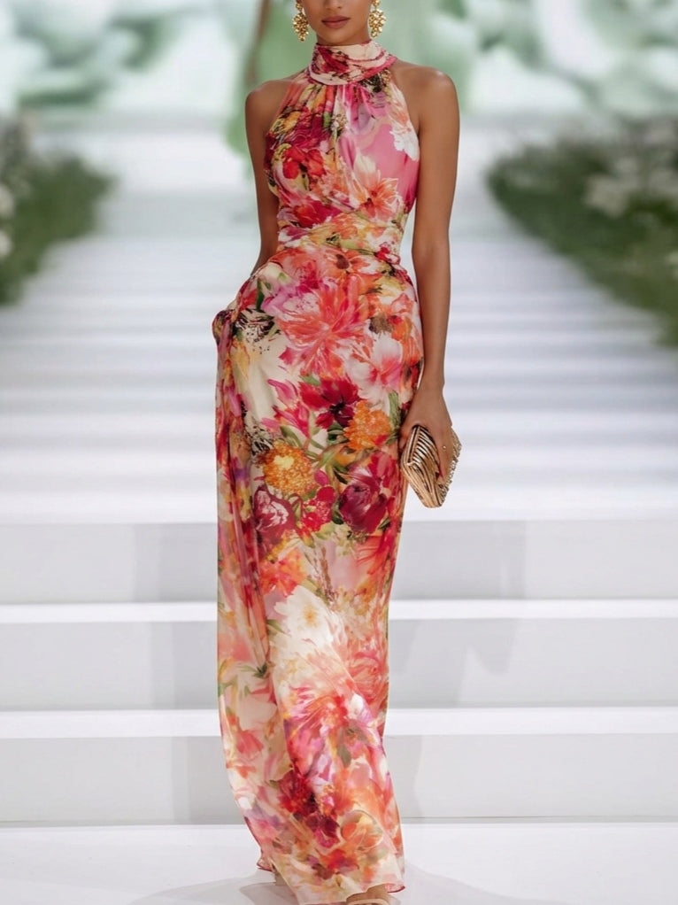 Olivia | Vestido Maxi Rojo de Gasa con Estampado Floral y Cuello Halter