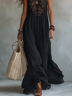 Noa | Vestido Maxi Bohemio Negro sin Mangas con Ribete de Encaje