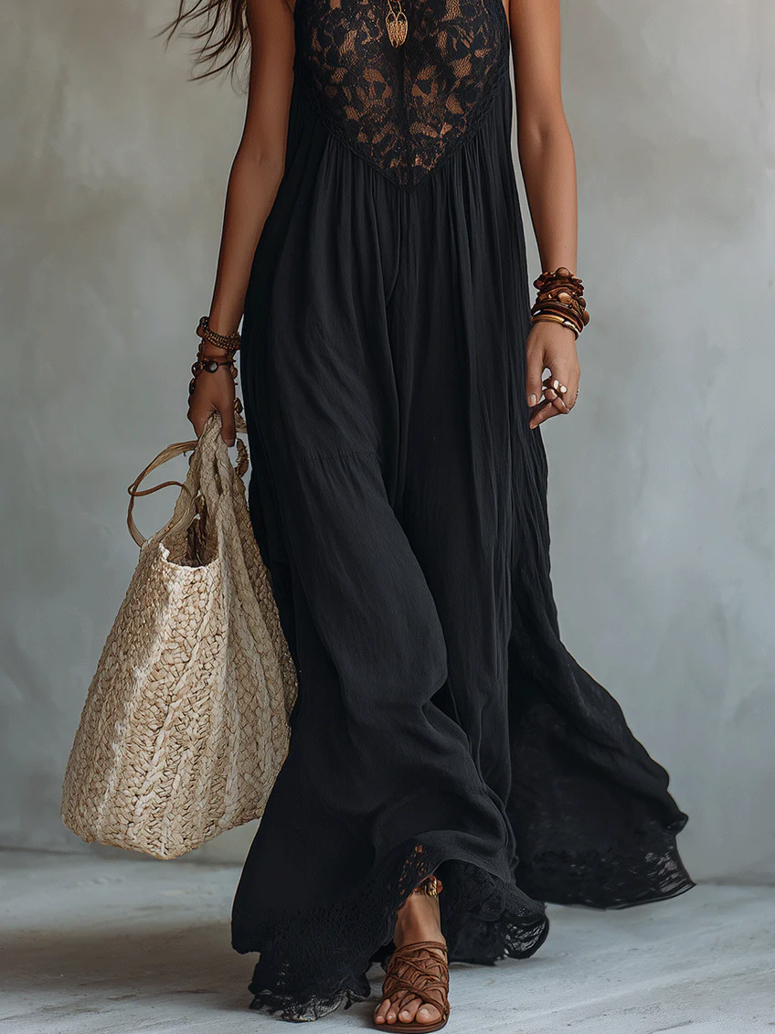 Noa | Vestido Maxi Bohemio Negro sin Mangas con Ribete de Encaje