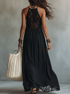Noa | Vestido Maxi Bohemio Negro sin Mangas con Ribete de Encaje