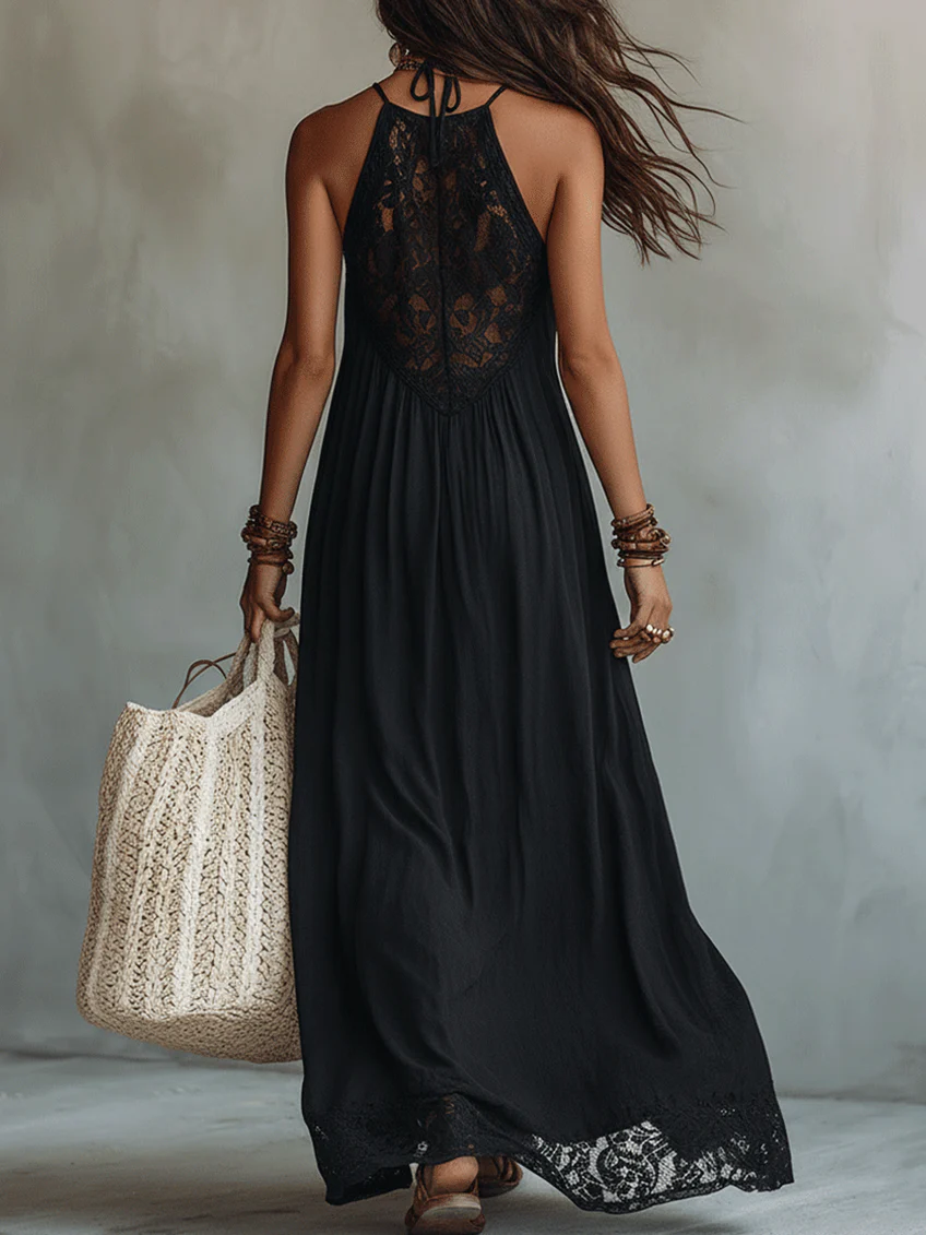 Noa | Vestido Maxi Bohemio Negro sin Mangas con Ribete de Encaje
