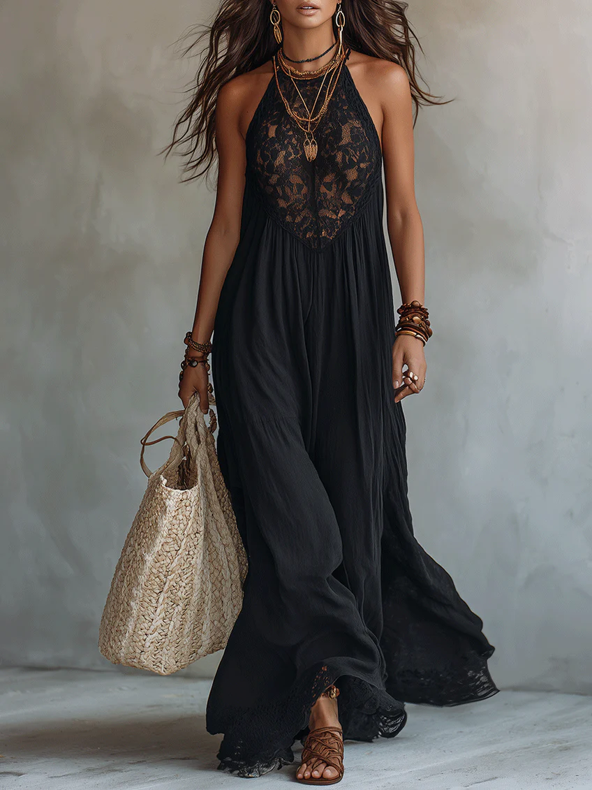 Noa | Vestido Maxi Bohemio Negro sin Mangas con Ribete de Encaje