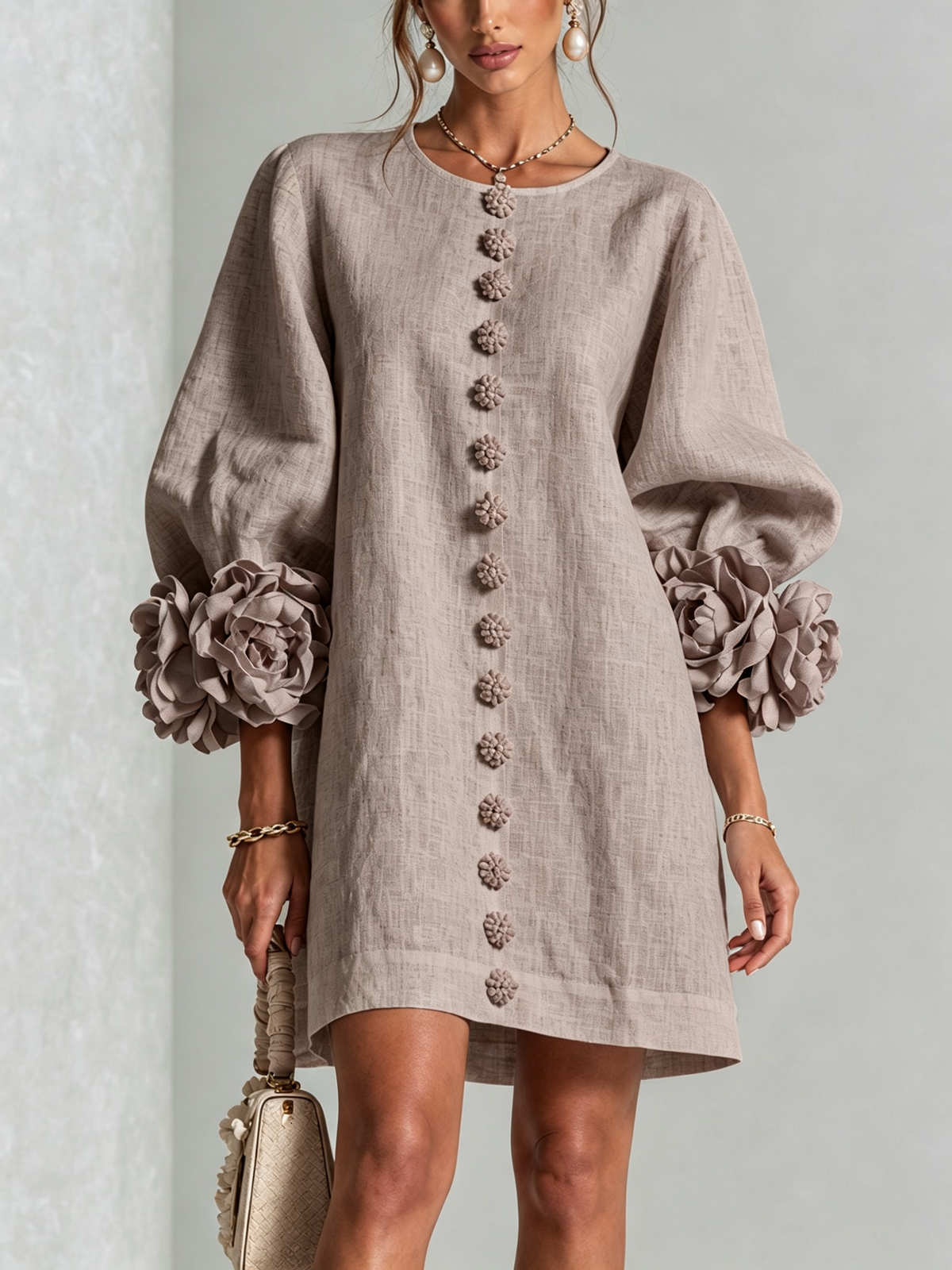 Bruna | Vestido corto de mezcla de lino con mangas abullonadas