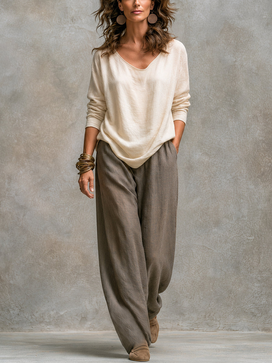 Constanza | Conjunto de tres piezas beige y gris con pantalón palazzo