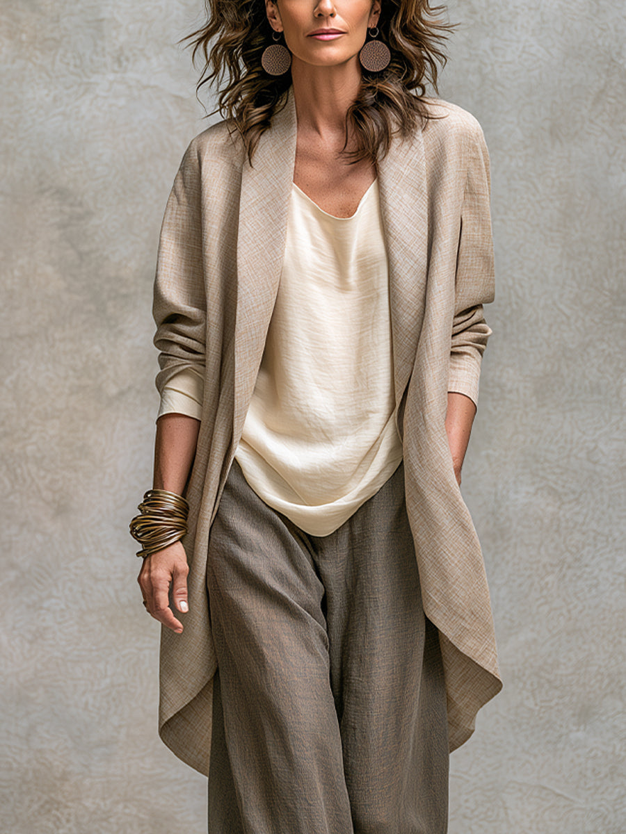 Constanza | Conjunto de tres piezas beige y gris con pantalón palazzo