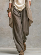Constanza | Conjunto de tres piezas beige y gris con pantalón palazzo