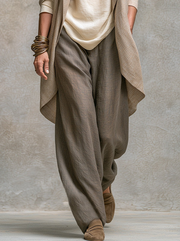 Constanza | Conjunto de tres piezas beige y gris con pantalón palazzo