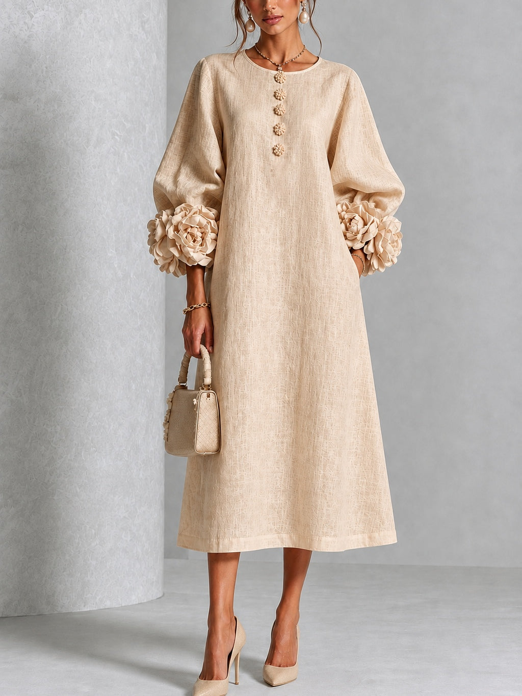 Catalina | Vestido midi con mangas abullonadas y botones de flor