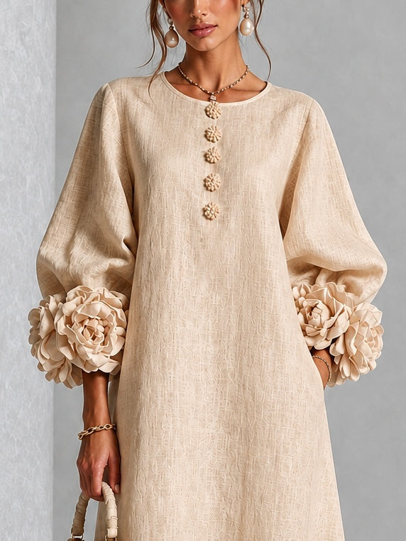 Catalina | Vestido midi con mangas abullonadas y botones de flor
