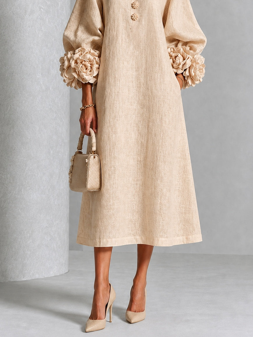 Catalina | Vestido midi con mangas abullonadas y botones de flor