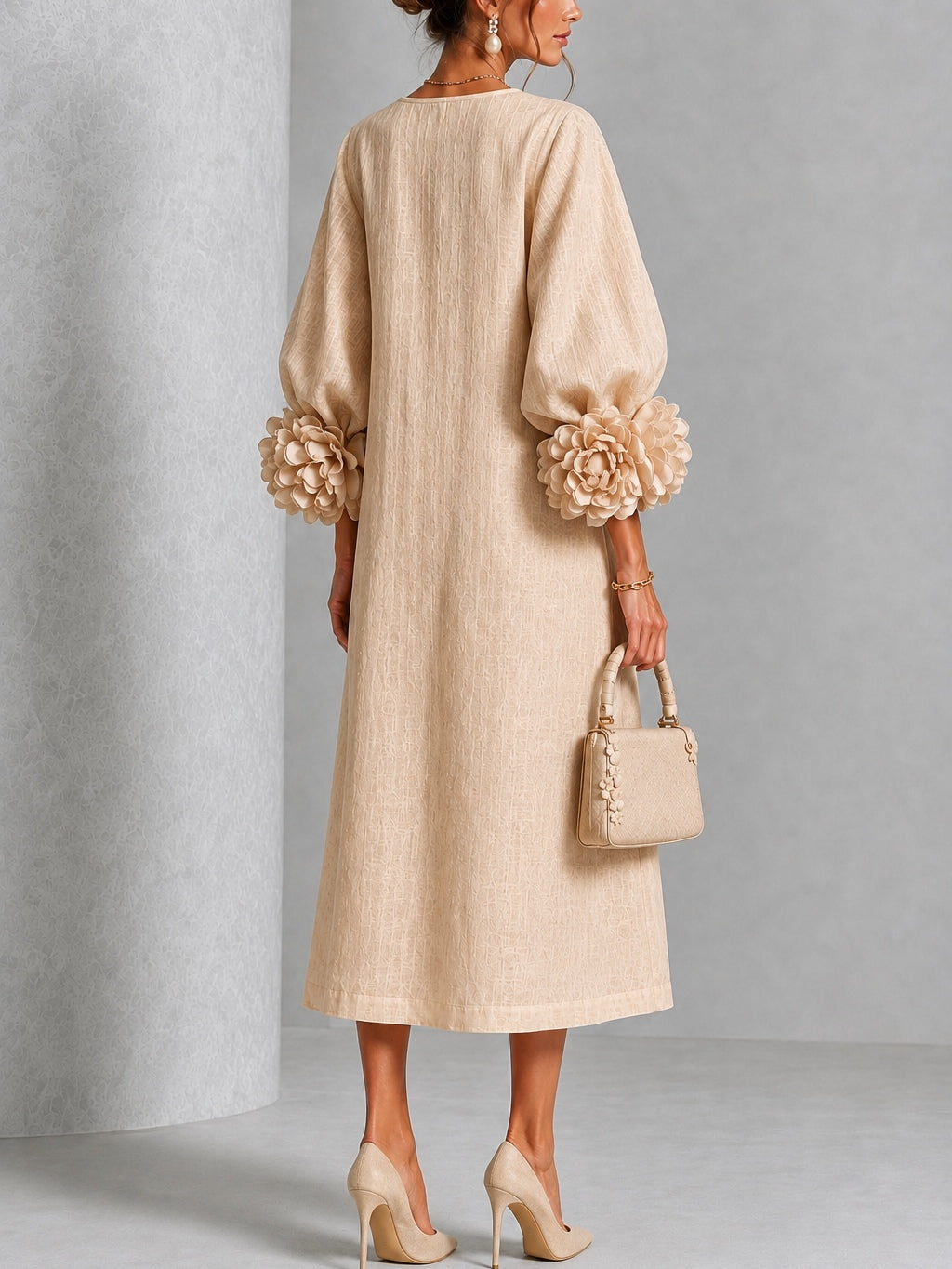 Catalina | Vestido midi con mangas abullonadas y botones de flor